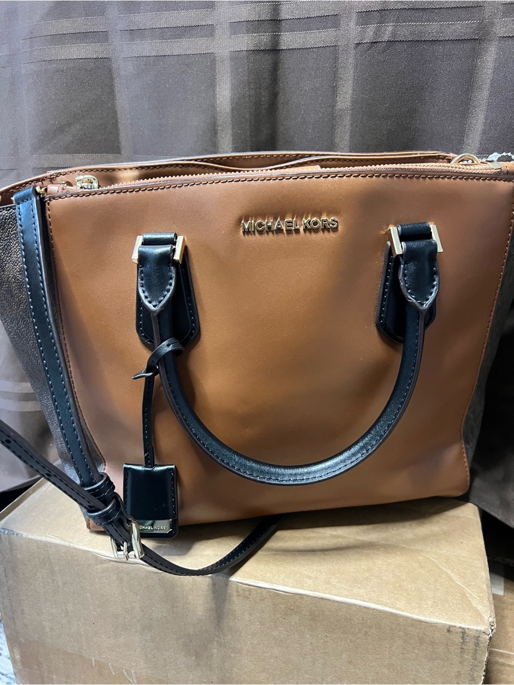 Michael Kors Carolyn Small Leather Tote Satchel Crossbody – Brown/Luggage
